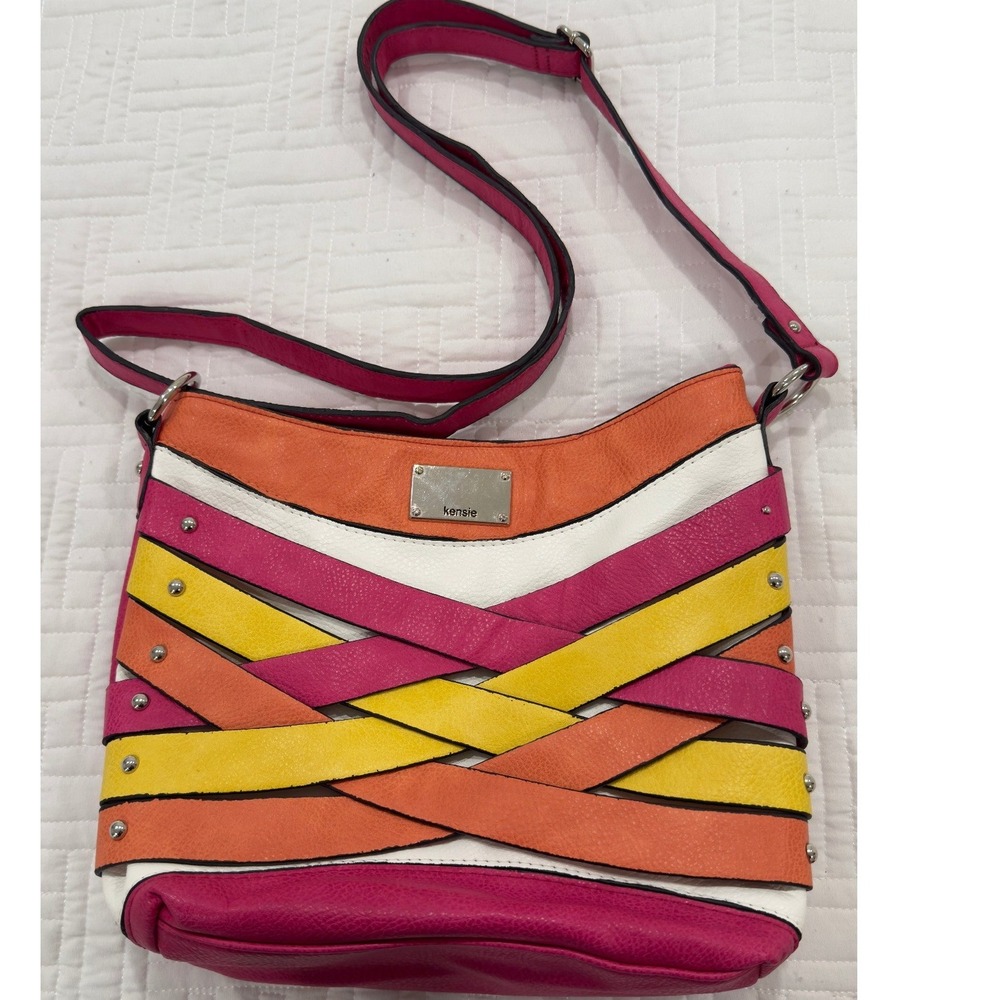 Kensie Multi Color Woven Crossbody Bag Pink Orange Yellow White Studded